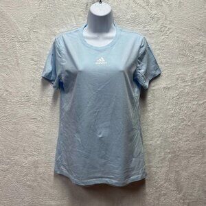 Adidas Pregame Badge Golf T-Shirt Womens Medium Light Blue Trefoil Logo Cotton